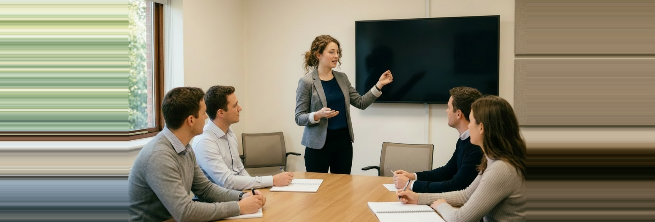 A woman standing at the head of a boardroom table gestures toward a blank wall-mounted screen while four seated colleagues take notes.