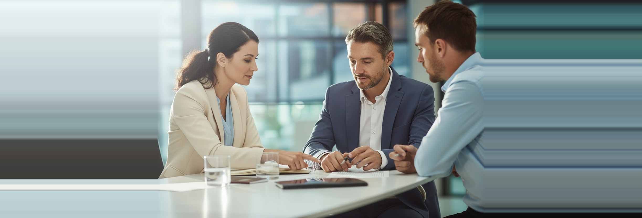 Three colleagues leaning over a conference table in a bright office, reviewing printed pages and notes together.