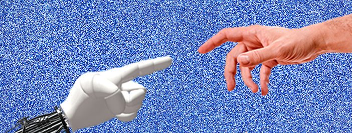 human hand reaching toward robot hand for A.I.