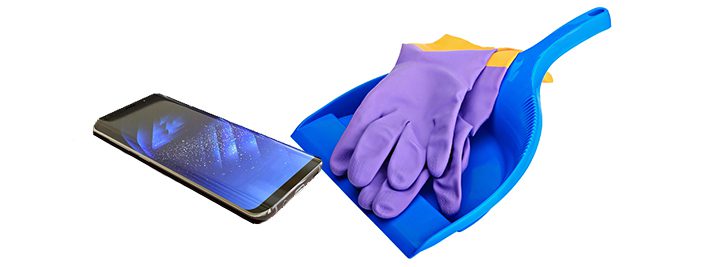 digital spring cleaning with cell phone, dustpan, and wash gloves